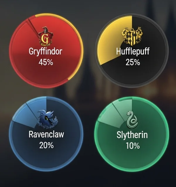 Representación visual de los porcentajes de los exámenes de casas de Hogwarts.