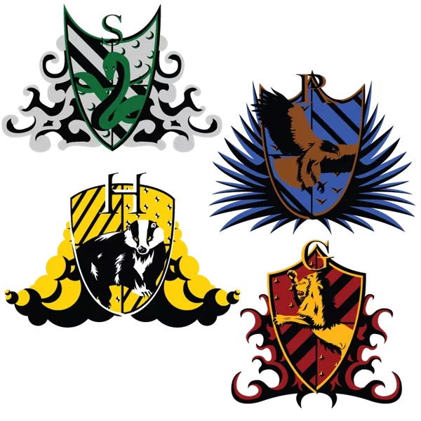 Escudos de las casas de Hogwarts: Gryffindor, Hufflepuff, Ravenclaw, Slytherin