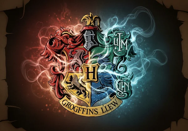Four Hogwarts house crests blending to form a new hybrid symbol.