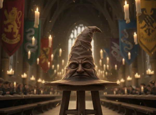 Büyük Salon'da bir taburenin üzerindeki Hogwarts Seçmen Şapkası