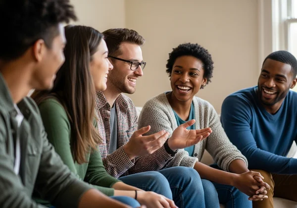 Un grupo diverso de amigos conversando alegremente, representando la comunidad global de fans de Harry Potter.