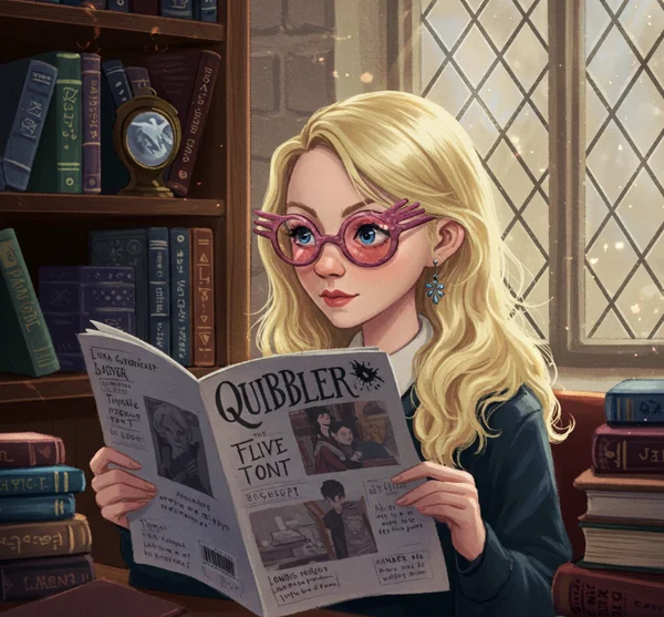 Luna Lovegood, a famous Ravenclaw, reading The Quibbler.