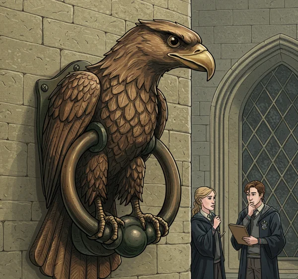 Ravenclaw common room eagle knocker posing a clever riddle.