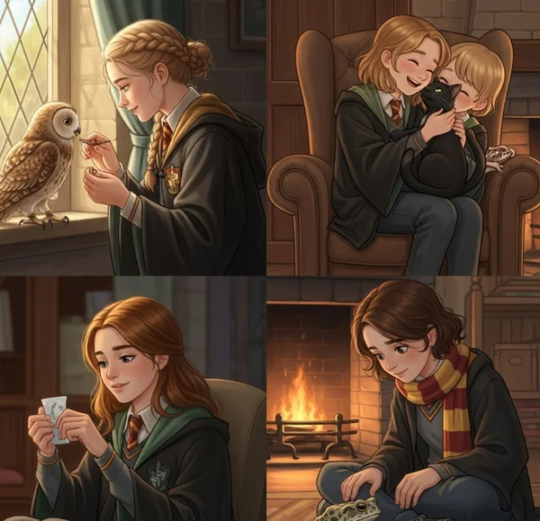 Pelajar Hogwarts dengan haiwan peliharaan ajaib mereka: burung hantu, kucing, katak.