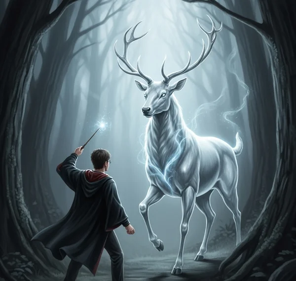 Harry Potter with his protective silver Stag Patronus.