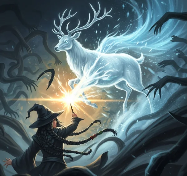 Wizard casting bright animal Patronus charm against darkness.
