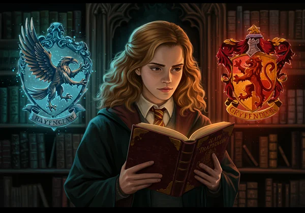 Hermione Granger between Gryffindor and Ravenclaw symbols.