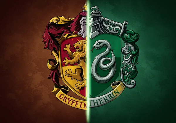 A crest split between Gryffindor lion and Slytherin serpent.