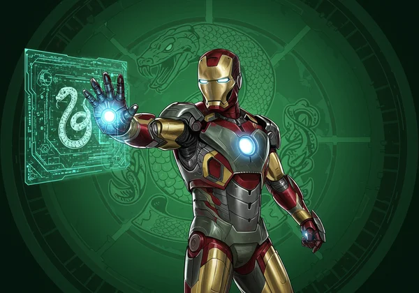 Iron Man suit with a prominent Slytherin house emblem