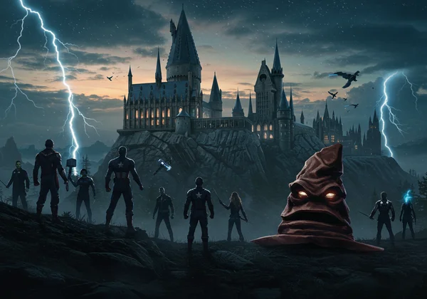 Marvel heroes interacting with Hogwarts castle and Sorting Hat