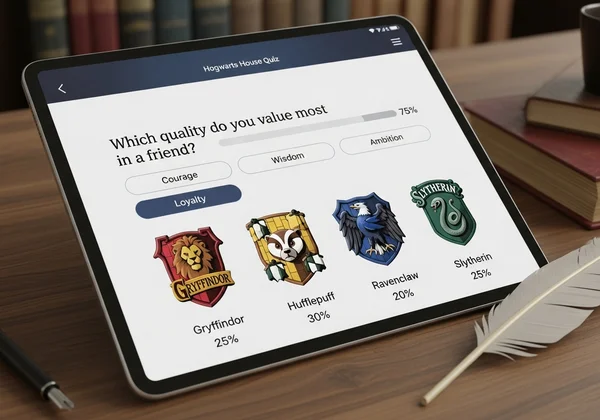 Hogwarts house quiz interface with sorting results