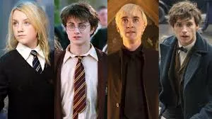 Personajes clave que representan cada casa de Hogwarts, mostrando rasgos.