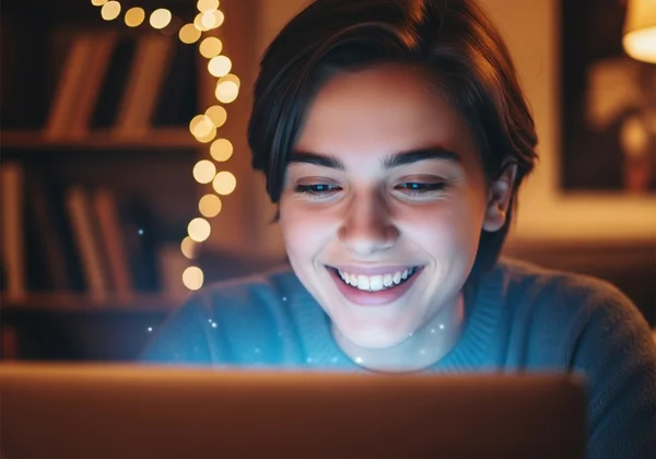 Un fan de Harry Potter sonriendo mientras realiza un divertido test de personalidad en su portátil.