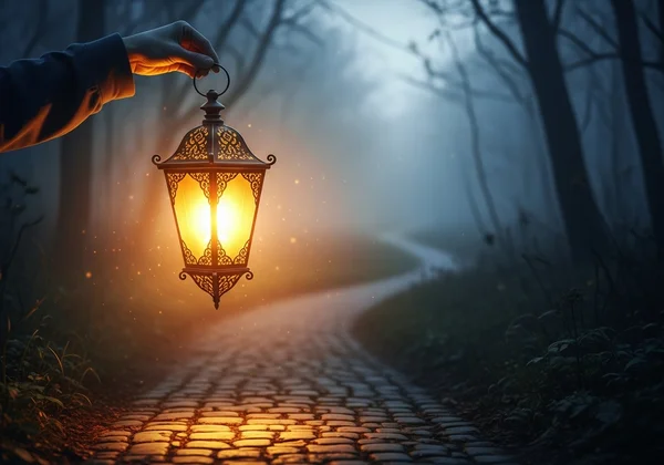 Una cálida linterna mágica iluminando un camino, simbolizando un viaje de autodescubrimiento.